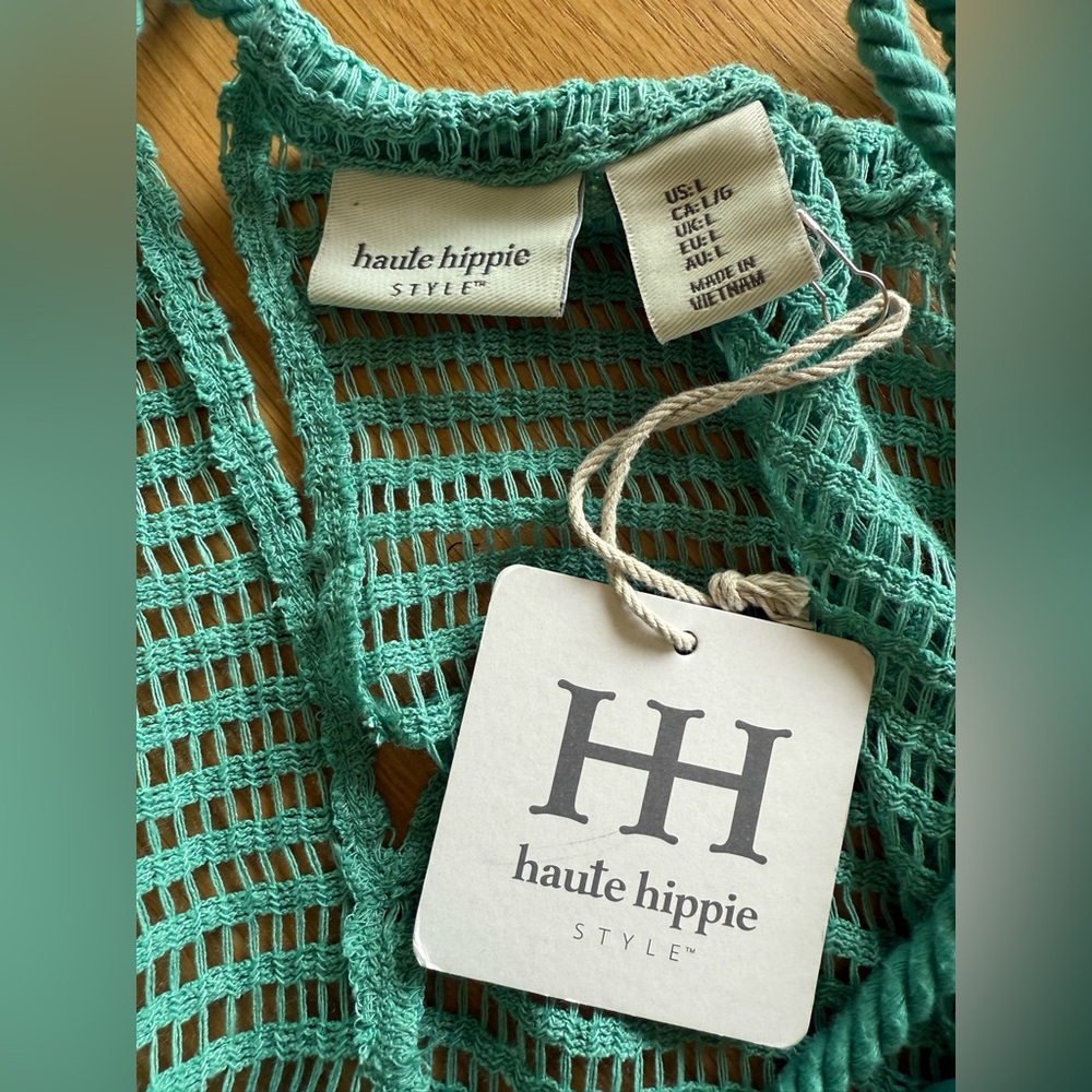 Haute Hippie Green Crochet Boho Halter Maxi Dress Coverup Sz Large